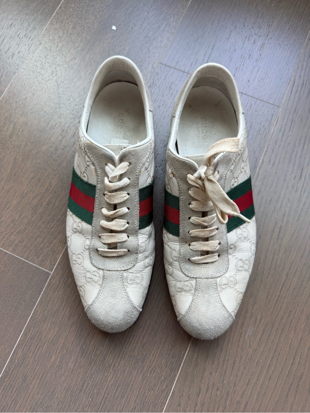 Gucci Off-White Monogram Sneakers with Green & Red Web